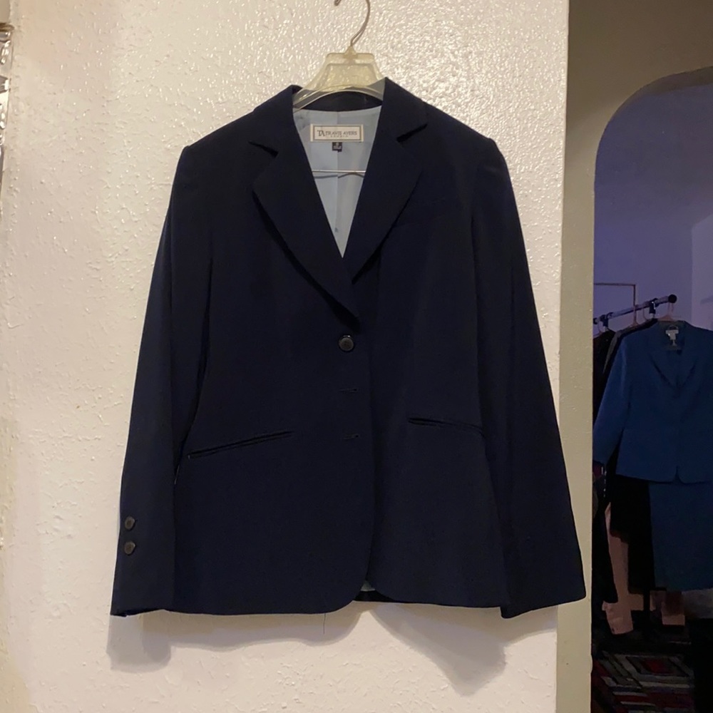Navy blue pant suit.